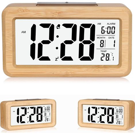 Reloj despertador digital, bambú, indicador de temperatura y fecha, retroiluminación y función de repetición de alarma, ideal para dormitorio, oficina o sala de estar. (1/5)