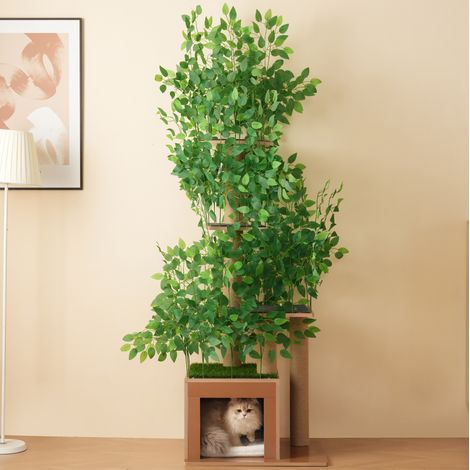 Kratzbaum in Baumform aus MDF, grün, 4 Plattformen mit Katzenbett zum Klettern und Verstecken, 60 x 45 x 190 cm (1/5)