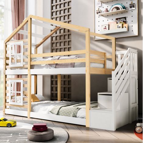 DESVIAE Lit superposé enfant cabane 90 x 200 cm avec rangements escalier de côté et protection antichute en bois massif et MDF naturel blanc (1/4)