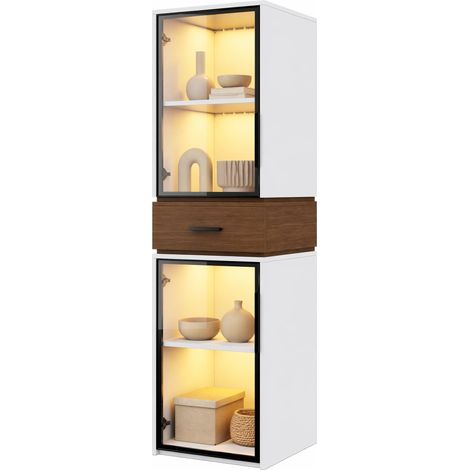 Vitrine en verre LED 40 x 40 x 200 cm, meuble colonne blanc avec deux portes en verre trempé et tiroir, idéale pour salon, bureau ou salle à manger  CHICFURN (1/5)