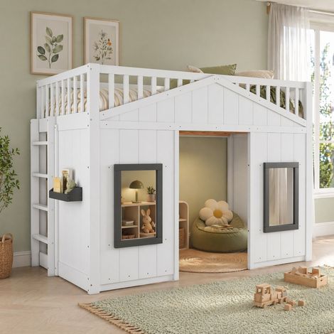 Letto a castello in legno massello e MDF bianco e grigio 90x200 cm con scala e protezioni (1/5)
