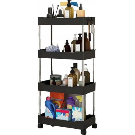 ESTANTE DE BAÑO, MUEBLES DE COCINA, ESTANTE MÓVIL, 4 RUEDAS, NEGRO (1/5)