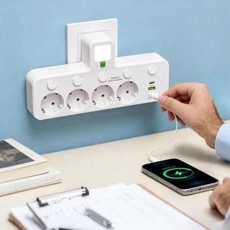 Multiprise Murale 5 Prises avec 4 Prises EU, 2 Ports USB, 1 Port USB-C, Interrupteurs Individuels, (4p + USB Blanc) (1/5)