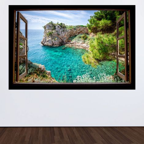 Stickers Trompe l'oeil fenêtre en bois - Vue mer - 60 x 90 cm (1/3)