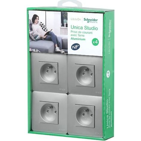Lot de 4 prises 2P+T 16A - aluminium - Unica - Schneider (1/2)