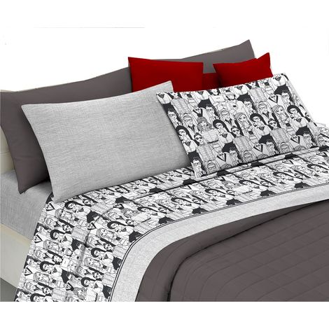 Completo letto lenzuola, parure, stampa digitale 100% cotone, made in italy linea people Grigio - 1 Piazza