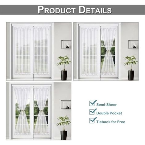 (blanc-64 x 183 cm)2 Rideaux de Porte French en Voile avec Passe Tringle Blanc 64x183cm, Privacy Lumière Douce, Livré avec Attache,Lavable - 5