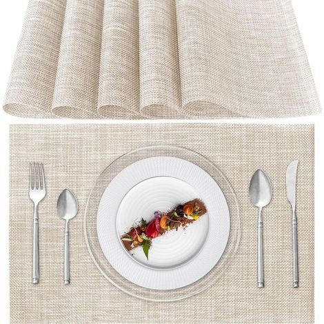 Sets de Table Lavable, Lot de 6 Sets de Table Plastique PVC, Résistant à la Chaleur, Antidérapant, pour Cuisine Table à Manger (Beige)