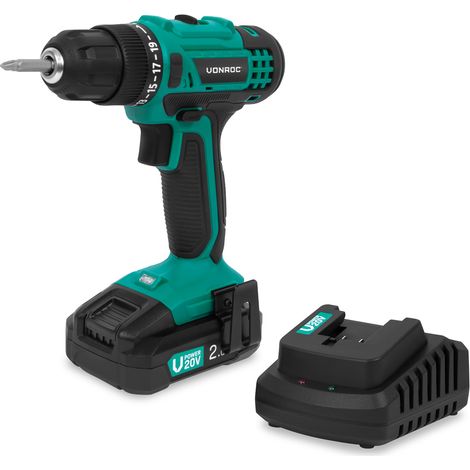 VONROC Akku-Bohrschrauber 20V - 19 Drehmomentstufen + Bohrmodus - Inkl. 2 Schraubbits - Inkl. 2.0Ah Akku und Ladegerät