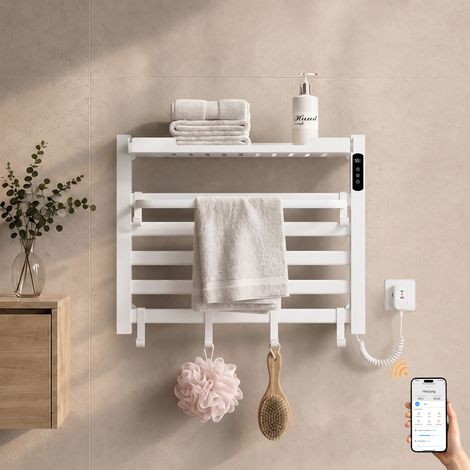 Elektrischer Handtuchheizkörper 45x60 cm, 155 W, IP45, WLAN-Thermostat, Ablage, Weiß – S'AFIELINA (1/5)