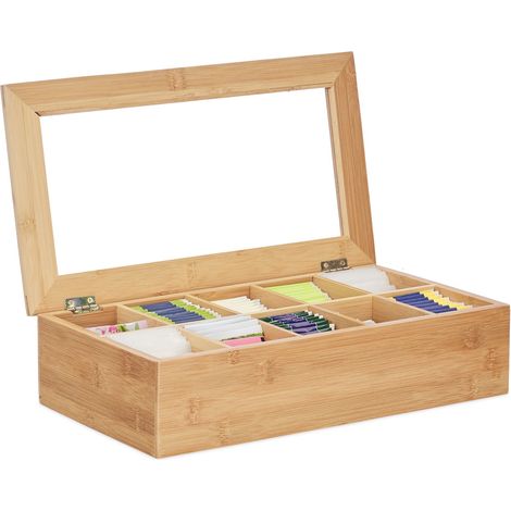 Relaxdays Teebox, Bambus, 10 Fächer, groß, stabil, vielseitig, funktional, nachhaltig, Aromaschutz, Sichtfenster, natur