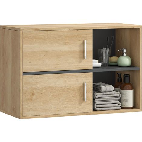 Meuble de salle de bain mural avec compartiments ouverts et 2 portes, mobilier de salle de bain moderne, 80 x 35 x 57,5 cm, naturel (1/5)