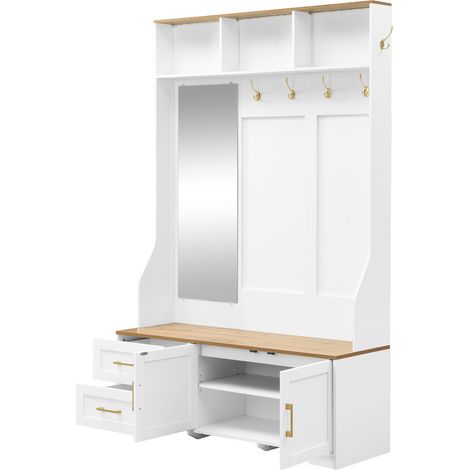 Garde-robe multifonctionnelle avec éclairage LED, miroir, crochets, tiroirs et assise – meuble d'entrée en MDF bois clair et blanc (1/5)