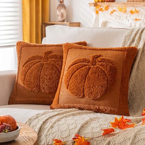 Lot de 2 taies d'oreiller en peluche citrouille,décorations d'Halloween, adaptées aux canapés et aux chambres,4545cm,couleur brûlée foncée,sans noyau (1/5)