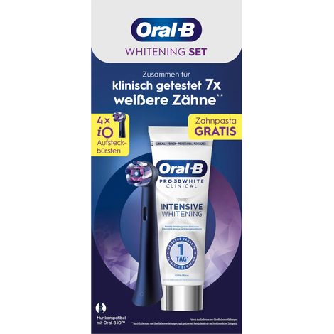 Oral-B iO Radiant White Schwarz 4er + Oral-B 3D White Clinical Kühle Minze Special Pack Aufsteckbürsten