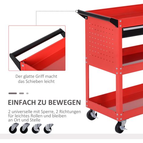 Coffre à outils roulant, trolley de rangement 3 niveaux, 4 roues, 82 x 35 x 76 cm, rouge (1/5)