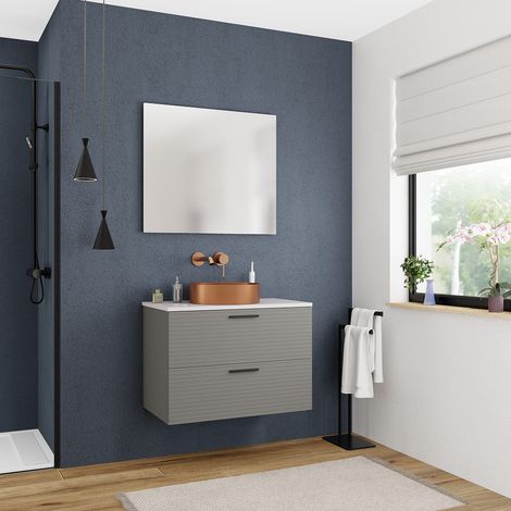 Ceramia Komplettset 80 cm: Waschtisch matt weiß + FSC-zertifizierter, zusammengebauter Schrank, dunkelgrau (CERAMIA-4DG80-S)