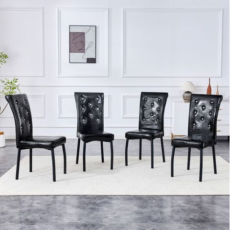 Silla de comedor de metal y PVC negro, efecto cocodrilo, acolchada, con detalles decorativos, montaje fácil (1/5)