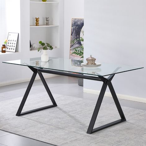 Tavolo da Pranzo Skylar 180×90 cm in Vetro Temperato con Gambe a Cavalletto Nere (1/5)