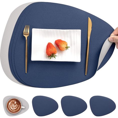Set de table double face antidérapant, lavable et imperméable, bleu gris, lot de 4. (1/5)