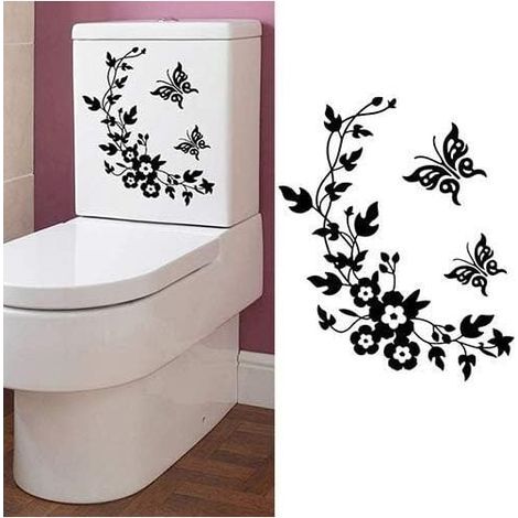 UlisemDIY Sticker mural papillon et fleur pour salle de bain, autocollant décoratif pour toilettes, qualité fiable et durable (noir) (1/4)