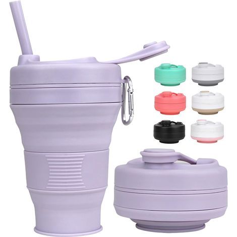 Gobelet pliable en silicone violet de 600 ml avec couvercle en plastique et paille, sans BPA, réutilisable et portable. Idéal pour les voyages, le camping, les pique-niques, la randonnée et les activi (1/5)