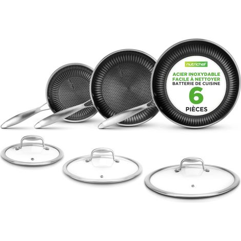 Set de Poêles Inox Tri-Ply 6 Pièces – 3 Poêles (20, 26 et 30 cm) + 3 Couvercles, Revêtement Antiadhésif, Tous Feux dont Induction, Compatible Four, Lavable Lave-Vaisselle (1/5)