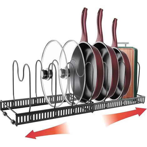 Estante para ollas, organizador ajustable para sartenes, 7 compartimentos en el armario de cocina, cajón para ollas, sartenes, tapas y platos - Negro (1/5)