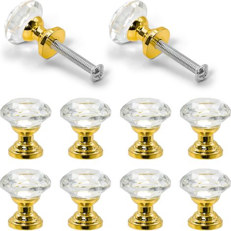 Lot de 10 boutons de tiroir en cristal pour armoire, porte - Boutons rotatifs - 20 mm - Boutons à paillettes pour commode, tiroir avec base dorée - Boutons de boîte avec vis (1/5)