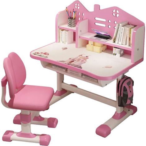 Conjunto de silla de oficina para estudio, altura regulable, diseño ergonómico, color rosa. (1/2)