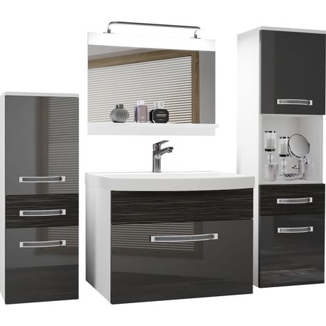 Belini Badezimmer Badmöbel Set Vollausstattung mit Waschbecken Unterschrank Waschtisch Spiegel Lampe Möbel Silber Ebenholz Royal Glänzend Matt (1/5)