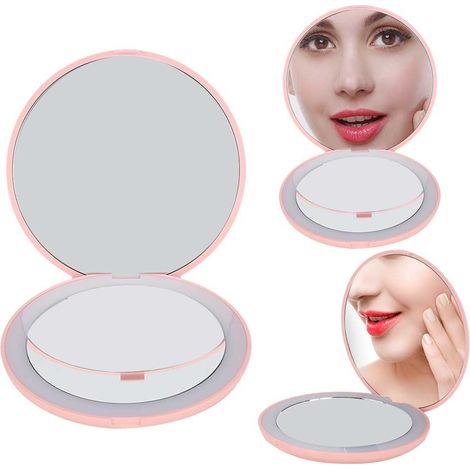 Miroir de maquillage LED rechargeable pliable 10X grossissement réglable design rond rose (1/5)