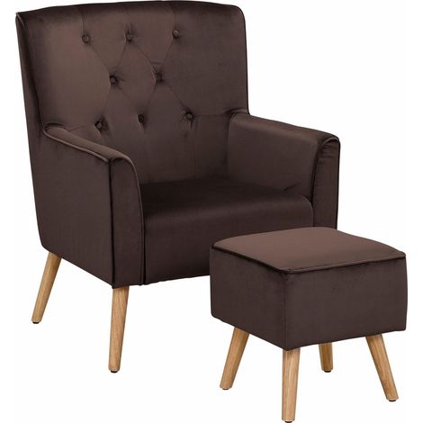 Michigan-Fauteuil avec tabouret en velours marron (1/2)