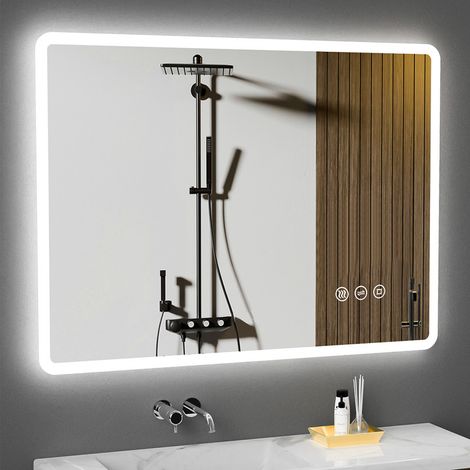 Badezimmerspiegel mit LED-Beleuchtung 80x60 cm, LED Touch-Schalter, 3 Lichtfarben, Dimmer, Anti-Beschlag,防爆-Glas, IP44, horizontal/vertikal (1/5)