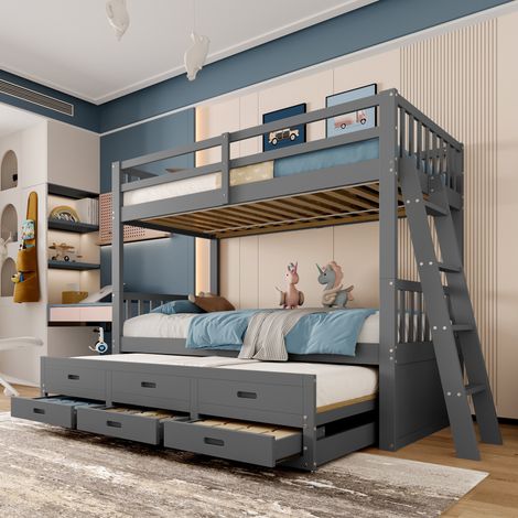 Cama infantil con cajones y nido segura pino gris OKMYHOME (1/5)