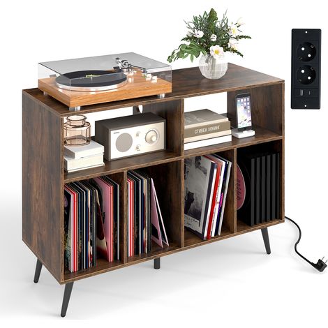 Table d'Appoint à 3 Niveaux avec Station de Charge, Meuble pour Platine Vinyle, 5 Pieds en Métal, pour Salon, Salle de Musique, Marron (1/5)