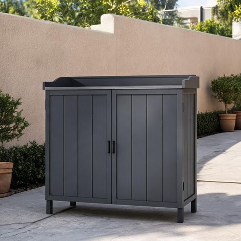 Coffre de jardin en bois et métal avec étagère et double porte (1/5)