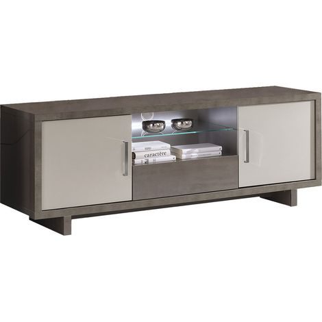 AUXANE - Meuble TV 2 Portes Gris Acier Metallisé et Gris Mat avec Leds (1/3)