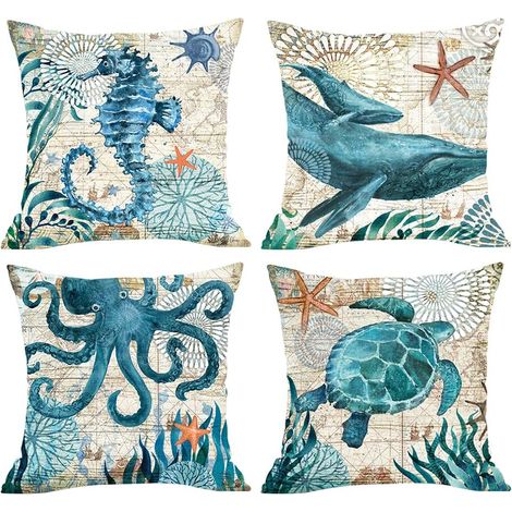 4 Coton et Lin Imprimé Décoratif Océan Taie Doreiller Pieuvre Baleine Tortue Hippocampe Taie Doreiller pour Maison Lit Voiture De Chambre Salon Canapé Maison Décor 45 x 45 cm
