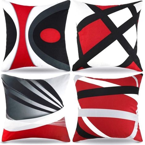 Moderne Kissenbezüge mit geometrischem Design, 45 x 45 cm, 4er-Set, doppelseitig, aus Samt mit Streifen in Rot, Schwarz und Grau, Wohnzimmerdekoration (1/4)