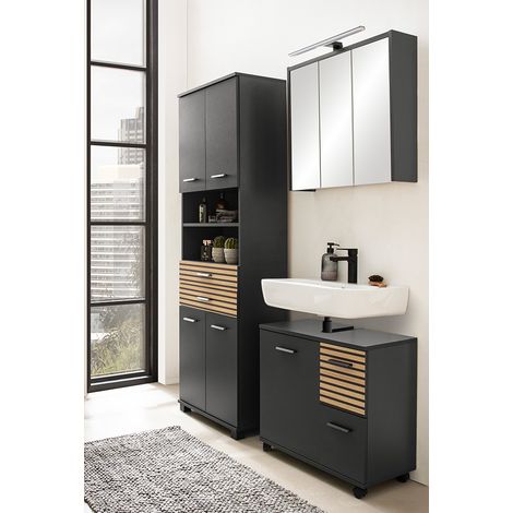 Badmöbel Set 3-teilig, 65 cm Waschbeckenunterschrank, anthrazit, Akustikpaneel-Optik KANE-80 (1/5)