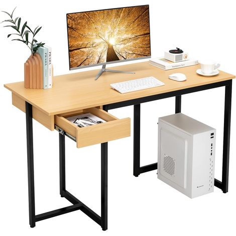COSTWAY Bureau d'Ordinateur 120 x 55 cm, Table avec Tiroir, Design Élégant, Postes de Travail pour Bureau, Salon, Chambre, Facile à Assembler, 120 x 55 x 75 cm (Naturel) (1/5)