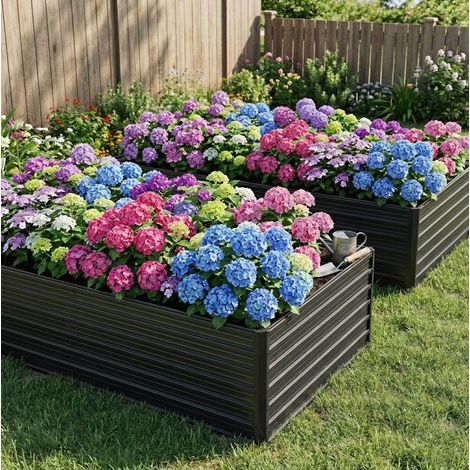 Set di 2 aiuole rialzate 219x112x64 cm nere in metallo con fondo aperto e montaggio senza attrezzi (1/4)