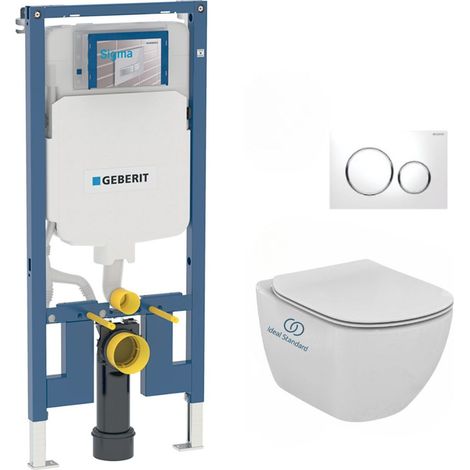Pack WC Bati-support Geberit extra-plat UP720 + WC Ideal Standard Tesi Aquablade + Abattant softclose + Plaque Blanc/Chrome