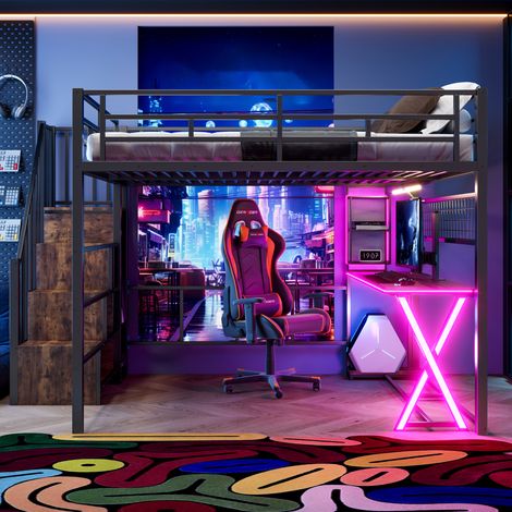 Lit mezzanine 160x200 cm avec bureau, armoire, échelle avec rangement, étagères et éclairage LED - Noir (1/5)