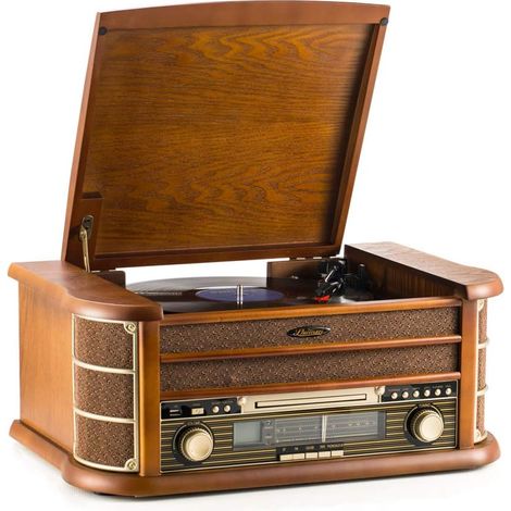 Chaîne Stéréo en Bois 7 en 1 - Platine Vinyle, Lecteur CD, Lecteur MP3, sans Fil, Port USB, Tuner Radio FM, Enregistrement, Sortie Ligne RCA, avec Télécommande - Brun (MC250BT) (1/5)