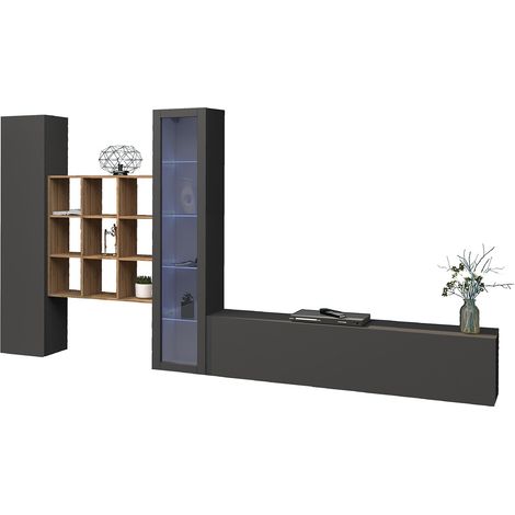 Parete Attrezzata Emilio, Modulabile, 14 Ripiani Made in Italy, 30x310x180h cm Nero Antracite (1/4)