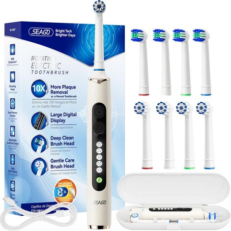 Brosse à dents électrique rotative rechargeable, brosse à dent électrique avec étui voyage, 8 têtes pour familial, 5 modes, minuterie 2 min, étanche IPX7, SG2607, Beige (1/5)