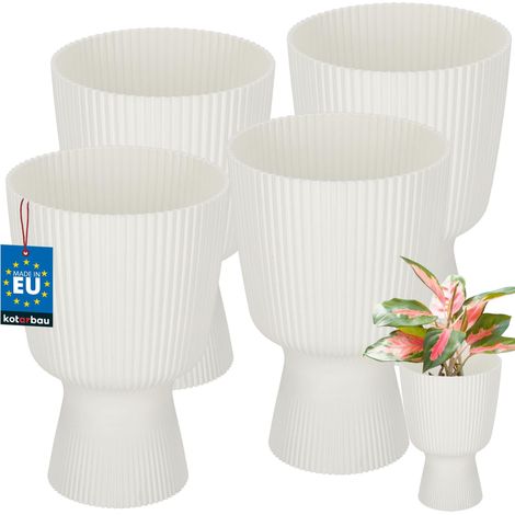 KOTARBAU® Lot de 4 Pot de Fleur  Ø 14 cm - Pot de Fleur Interieur - PVC - Pot de Fleur Exterieur - Pot pour Plante avec Socle - Nervuré - Forme de Coupe - H: 21 cm - Blanc (1/4)