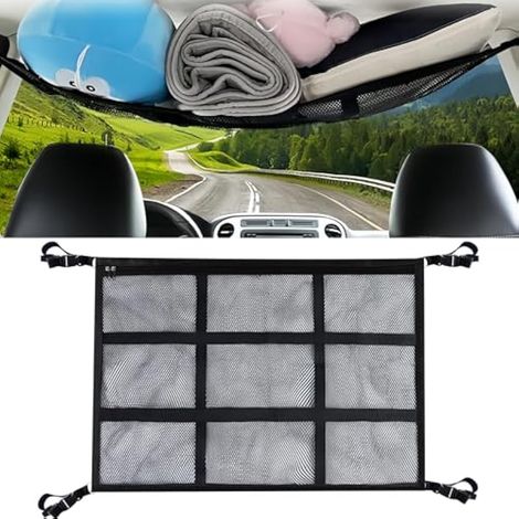 Filet de chargement pour camionnette, filet de plafond de voiture, 90 x 65 cm, organiseur de coffre de voiture en maille double couche, organisateur de toit réglable, filet de rangement universel (1/5)